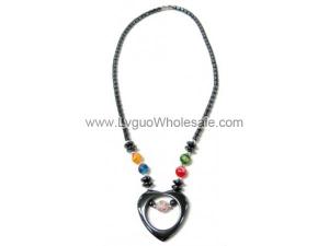Millefiori Glass Beads and Hematite Heart Pendant Chain Choker Necklace
